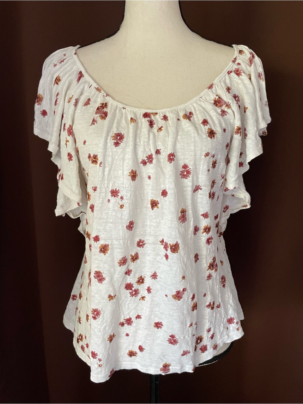 Y2K Miss Me 100% Linen Boho Floral Flutter Sleeve Peasant Top Cottagecore M
